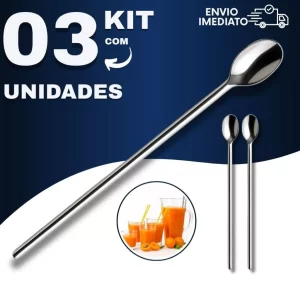 Kit 03 Colher Bailarina para Suco & Drinks em Aço Inox Premium 30cm – Grande, Elegante e Versátil
