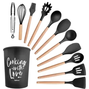 Kit 12 Utensílios de Cozinha Silicone e Madeira | Completo Profissional | Culinária Gourmet