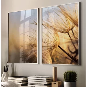 Quadros Decorativos com Moldura Sala Quarto Duo Florais Dente de Leão Dourado Pelo Pôr do Sol