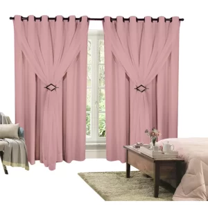 Cortina Corta Luz 3,00m X 2,40m 100% Blackout Com Voil Rosa Para Sala Ou Quarto Varão Simples