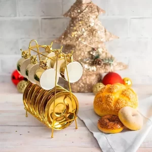 Jogo De 6 Xicaras Com Pires + Suporte Porcelana Dourada Luxo Cor Dourado Liso