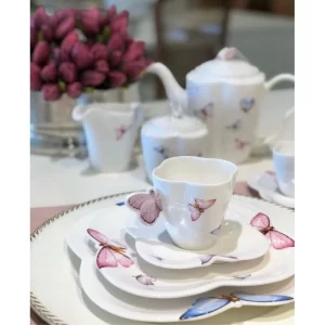 Kit 6 Xícaras Com Pires 100ml Para Café Borboletas Porcelana Wolff 17992