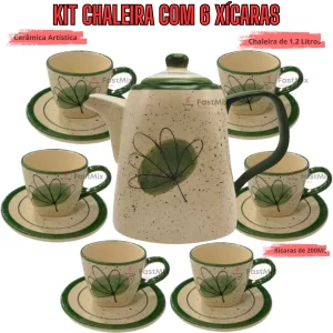 Lindo Kit Chá 1 Chaleira + 6 Xícaras Canecas 200ml Jogo de xicaras para cafe com Pires em ceramica