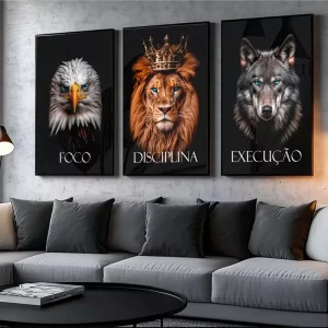 Quadro Decorativo sala quarto- Motivacional Leão Aguia Lobo - Sala Quarto Hall-WT5317