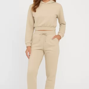 Conjunto Feminino de Moletom Calça Jogger e Cropped Com Capuz