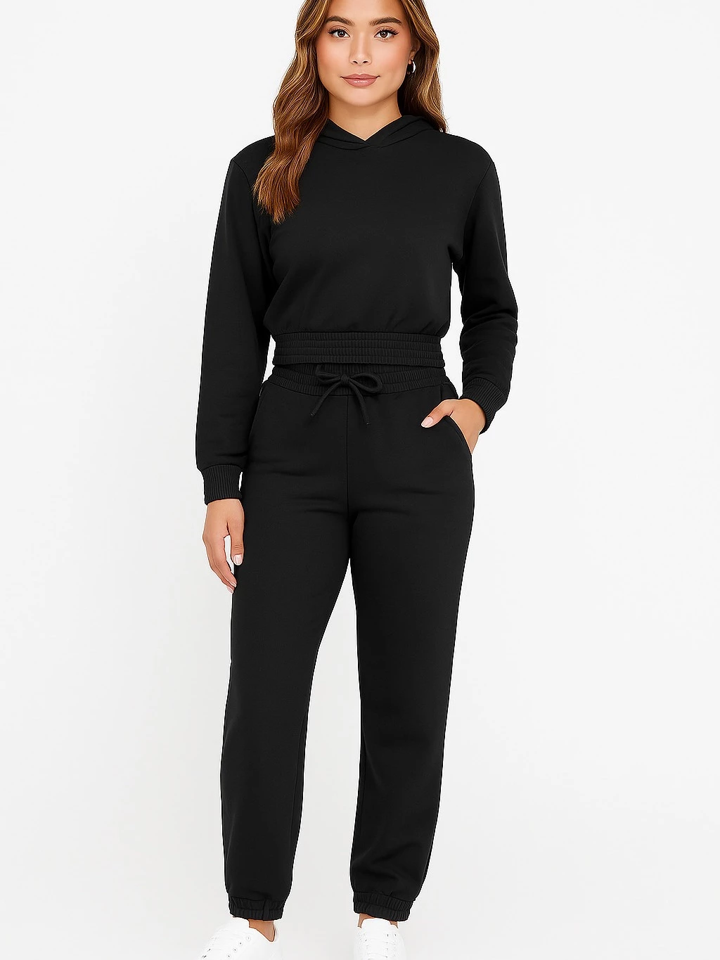 Conjunto Feminino de Moletom Calça Jogger e Cropped Com Capuz - Imagem 4