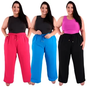 Kit 3 Calça Pantalona Plus Size Feminina Cintura Alta Dunas Bolsos