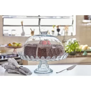 BOLEIRA DE VIDRO COM BASE E TAMPA MODELO PETALAS DE JASMIM 32 CM GRANDE