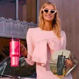 Belifou Garrafa Térmica Copo Boneca Rosa 1200ml Inox Com Tampa e Canudo Personalizado Modelo