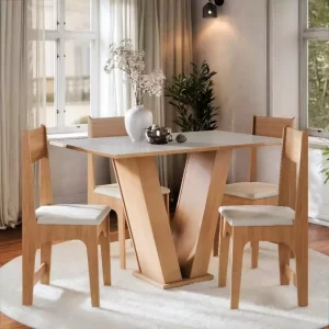Conjunto Sala de Jantar Completo Vivi Mesa Tampo Madeira 4 Cadeiras - Mel Off