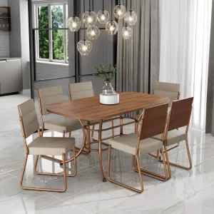 OConjunto Sala de Jantar Fenix 6 Cadeiras Carraroé uma fusão de conforto e estilo contemporâneo.A cadeira 1736 foi desenvolvida para atender às necessidades do usuário que preza por uma bela sala de jantar. Com linhas simples e transmitindo modernidade, ela se encaixa facilmente em diversos estilos de ambientes. Além disso, possui encosto e assento estofados, trazendo conforto e harmonia ao espaço em que será inserida. A mesa 1547 para 6 lugares com estilo tradicional e com linhas arredondadas. O tampo com os cantos arredondados. A pintura sincronizada do tampo, além do toque possui um tom madeirado quente, que proporciona ao usuário conforto e aconchego, sensações que as texturas de madeiras conferem ao ambiente.    Especificações da Mesa:  Medidas totais: Largura: 160 cm | Altura: 76,4 cm | Profundidade: 90 cm  Peso total: 28 Kg    Especificações da Cadeira:  Medidas totais: Largura: 46 cm | Atura: 90 cm | Profundidade: 52 cm  Peso total (06 unidades): 40,2 Kg    Garantia:  Os produtos possuem garantia de 03 meses (se utilizado em condições normais), contra defeito de fabricação, ou componentes utilizados.  Esta garantia não cobre defeitos por uso inadequado ou excessivo, falta de cuidados e desbotamento natural dos revestimentos.    Condições de perda da garantia:  - Mau uso ou manuseio incorreto.  - Desbotamento causado pela exposição direta da luz solar.  - Danos causados por agentes da natureza, como inundações ou acidentes de qualquer espécie.  - Uso indevido de produtos abrasivos para realizar a limpeza.  - Decurso do prazo estabelecido.    Recomendações para uma boa conservação:  - Dicas para limpeza e conservação do seu produto, você encontrará no esquema de montagem que o acompanha.    Informações importantes:  - Trabalhamos para apresentar imagens fiéis ao produto real. Porém, as cores podem sofrer variações de acordo com o monitor, iluminação do ambiente em que se encontram e até por sua percepção visual comparado ao ambiente residencial.  - Desta forma, as imagens são meramente ilustrativas.  - Todos os objetos decorativos não acompanham o produto.  - O produto é enviado desmontado.  - O produto acompanha manual com instruções para a montagem.  - A empresa Móveis Carraro não realiza o serviço de montagem.    PERGUNTAS FREQUENTES  - Existem outras cores disponíveis?   Sim, este produto possui outras cores disponíveis em outros anúncios.    - Vocês entregam para todas as regiões do Brasil? De que forma é feita a entrega?  Sim, entregamos para todas as regiões do Brasil. E a entrega é realizada por transportadoras parceiras.    - Este produto é novo ou usado?  Todos os nossos produtos são novos. E acompanham nota fiscal e certificado de garantia.    - Recebo o produto montado?  Não, este produto é enviado desmontado. Junto com ele é enviado manual com instruções para a montagem.    - Vocês realizam a montagem do produto?  Não possuímos o serviço de montagem.