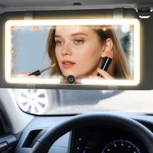 Espelho De Maquiagem LED Para Carro Com 3 Modos de Led Recarregável Touch Luz Branco Quente Frio Placa Viseira Solar