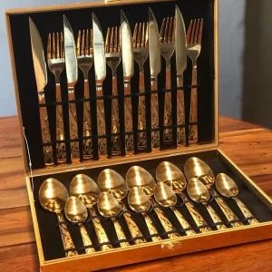 Kit Jogo Faqueiro inox 24 Peças Com detalhe Duorado + Maleta Aproveite
