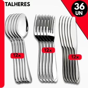 Talheres Inox 36 Peças; Colheres, Garfos e Facas para Jantar, Bares, Restaurante e Buffet
