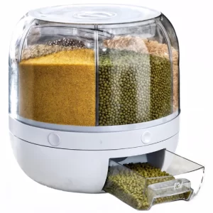 Dispenser Giratório 360º Dosador 6 em 1 Organizador Divisórias com Medidor de Grãos e Cereais