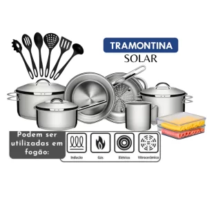 Jogo de Panelas Tramontina Solar Aço Inox Indução Fundo Triplo 13 Pçs Porta Frios Utensílios Cozinha