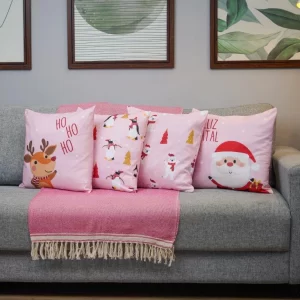 Kit 4 Capas de Almofada para Sofá NATAL Pinguins e Ursos Rosa Dcorô