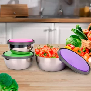 Kit Tigelas Aço Inox Com Tampa Colorida Cozinha Geladeira