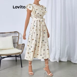 Lovito Vestido Boho Borboleta Babado Vestido Com Cinto Para Mulheres LBL16570