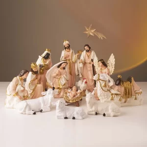 Presépio Natalino Branco Salmão 14 peças 23cm Inquebrável