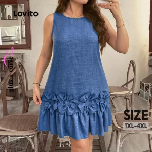 Lovito Vestido de Primavera/Verão Azul escuro Casual com Apliques e Toque Suave para Mulheres LBR25LD486