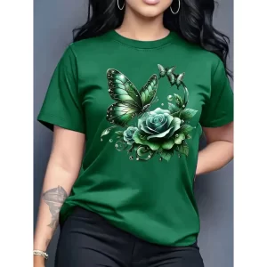 CAMISETA FEMININA ALGODÃO PREMIUM CASUAL E ELEGANTE BORBOLETA FLORAL